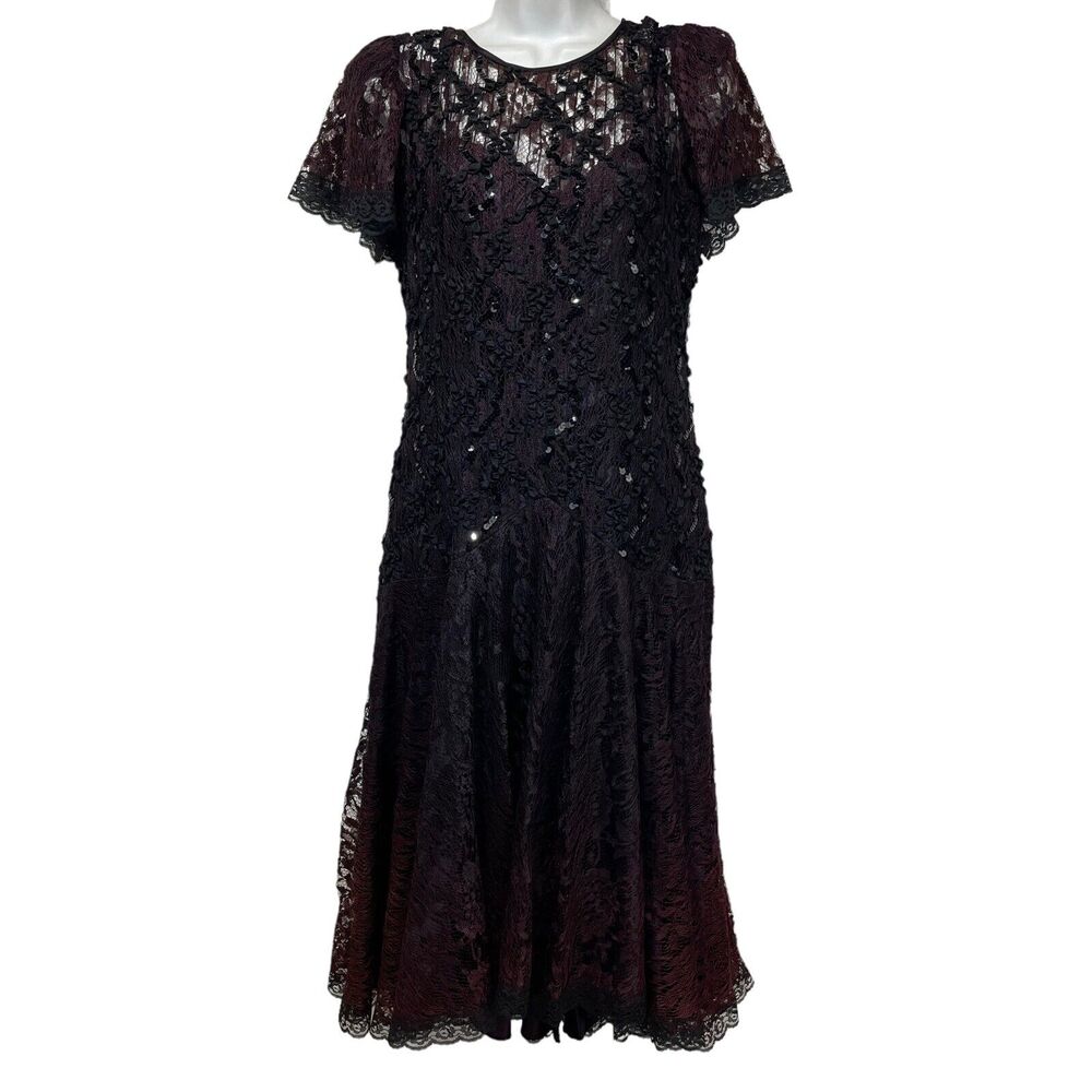 Vintage 80s Shuet Young Dress Black Red Lace Sequin Party Evening Gothic Size 6